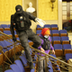 A Trump supporter with zip ties in the Senate Chamber on January 06, 2021 in Washington, DC.
